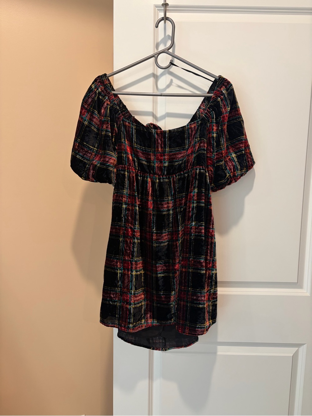 Plaid Off-Shoulder Velvet Babydoll Dress - Black & Red